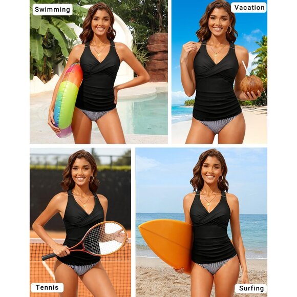Women Tankini Top Plus Size Tummy Control Swimwear V-Neck Adjustable Straps - Picture 6 of 6